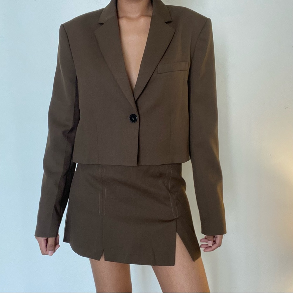 Zara cropped blazer + mini skirt in khaki brown - Picture 1 of 9